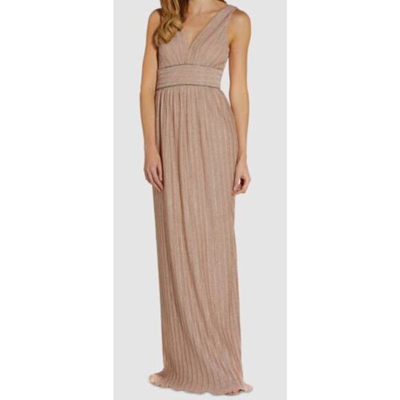 strapless open back dress Adrianna Papell Asymmetrical Neck One Shoulder Pleated Bodice Metal Ring  Accent Slit Side Satin Crepe Gown